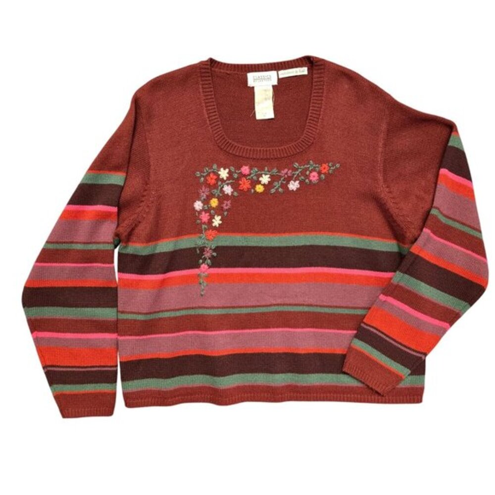 Vintage Maroon Burgundy XL Vintage Hand-Embroidered Striped Sweater Cottage Core
